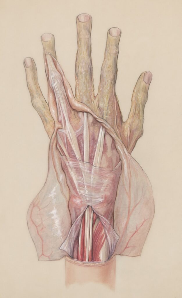 Anatomical drawing of the human hand's muscles and tendons.